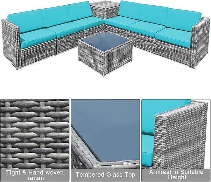Tangkula 8 Pieces Wicker Patio Furniture Set with Storage Deck Box, PE Rattan Outdoor Sectional Conversation Set with Coffee Table & Cushions, Outside Furniture for Garden Yard Poolside (Turquoise)