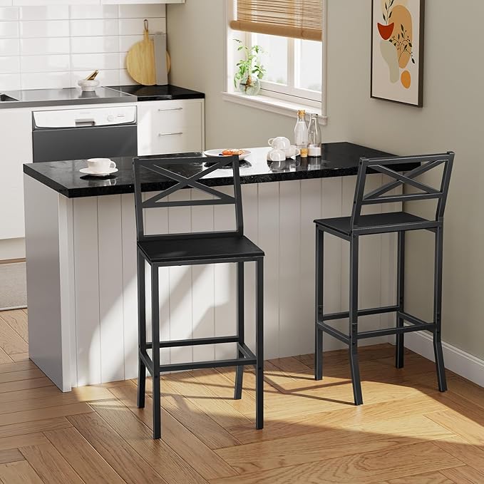 Bar Stools, Set of 2 Bar Chairs with Backrest and Footrest, 26" Tall Counter Bar Stools, Kitchen Breakfast Bar Chairs, Easy Assembly, for Dining Room, Black BAHB0901N1