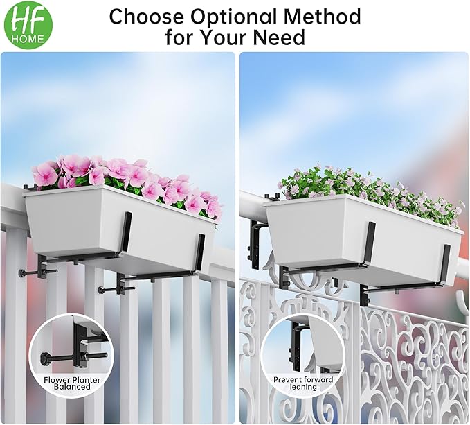 HFHOME 2PCS Adjustable Planter Box Brackets, Brackets for Window Boxes Planters Hanging Flower Box Holders, Wall Mount Holder for Windowsills, Garden, Fences, and Balcony - Black (Patent Registered)