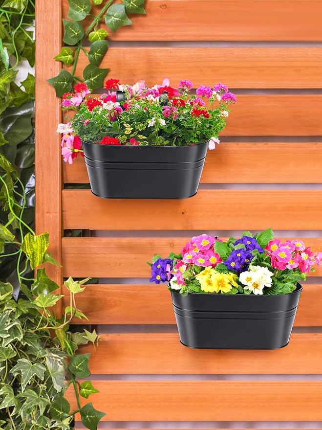 MADHOLLY Railing Planter with Drainage Holes - Sturdy Bucket Pots for Railing Fence, Countryside Style Metal Flower Pots for Herbs Balcony Garden Yard Decor, 2Pcs, Black