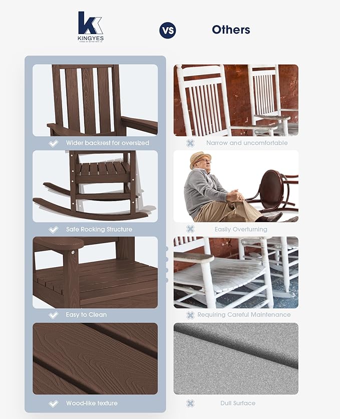 KINGYES Oversized Outdoor Rocking Chair, All-Weather Patio Rocking Chairs for Porch, HDPE Outdoor Patio Rockers with High Back & Wide Seat for Garden, Lawn, Coffee