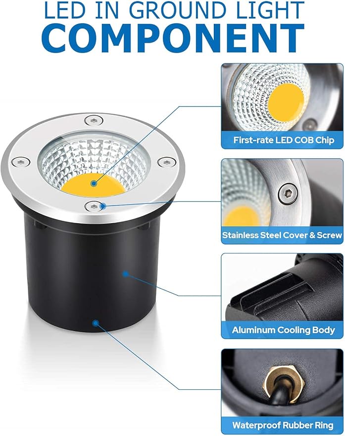 SUNVIE Low Voltage Landscape Well Lights with Wire Connectors, 12W LED, IP67 Waterproof Outdoor In-Ground Garden Lights 12V-24V Warm White for Pathway Driveway Deck (10 Pack & Connectors)