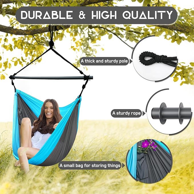 Hammock Chair, Hanging Chair for Outdoor Indoor, Large Lightweight Swing Chair for Adults, Portable Hammock Chair for Camping (Sky Blue,Dark Gray)