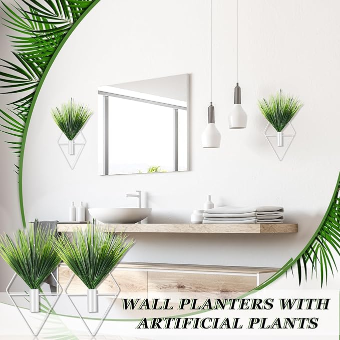 2 Pieces White Wall Decor Hanging Planters with Artificial Plants Metal Hanging Vase Indoor Plants Holder Modern Geometric Wall Art for Bathroom Bedroom Living Room Decor(Aquatic Plant)