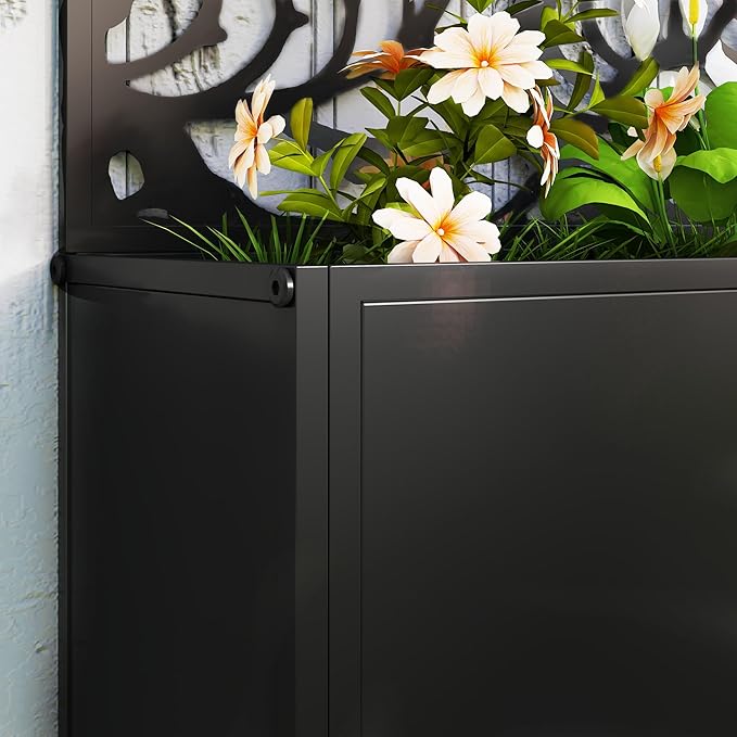 Outsunny Metal Raised Garden Bed with Trellis for Climbing Plants, Freestanding or Wall Mounted Flower Bed with Privacy Panel, Leaves Cut-Outs Outdoor Planter Box for Garden, Patio, Balcony