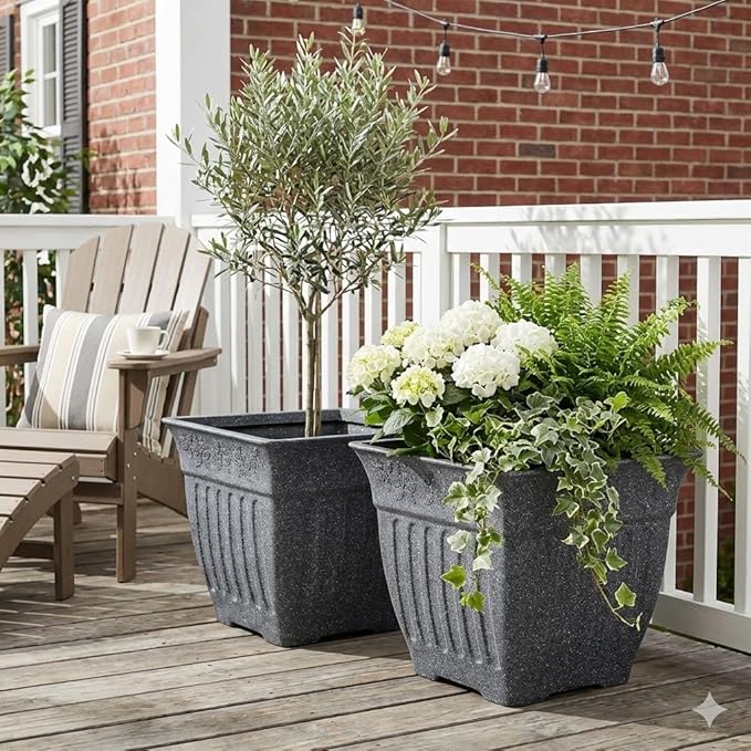 18'' Large Square Planter for Plants - 4 Pack Imitation Cement Plastic Flower Pots with Drainage Holes & 2cm Raised Base, 14 Gal Decorative Stone Like Garden Pot, Retro Plant Container