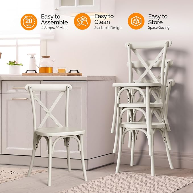 VINGLI Plastic Outdoor Dining Chairs Set of 4, Stackable Patio Cream White Dining Chairs with X Back, Waterproof Kitchen & Dining Room Chairs for Indoor-Outdoor, Capacity 400 lbs