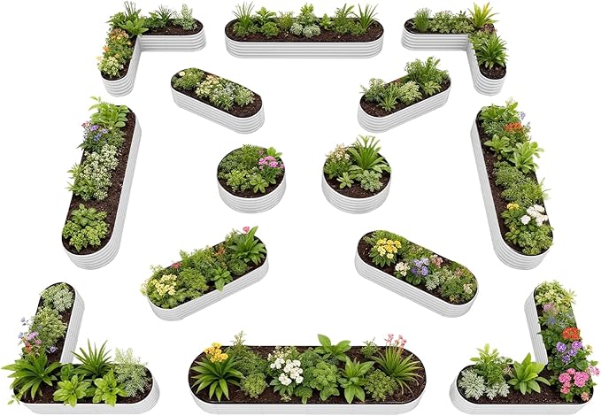 A ANLEOLIFE Set of 14, 18 Inch Tall Raised Garden Beds Kit, Heart-Shaped, Long Oval & Round Metal Planters – Ideal for Creative Garden Layouts, Antique White