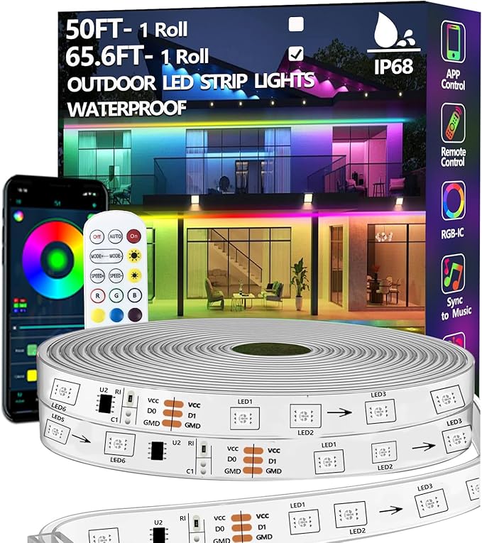 65.6FT Outdoor LED Strip Light Waterproof,IP68 Outside RGB+IC Light Strip with App/Remote Control,Chase Mode,Music Sync Rope Light for Balcony,Deck,Rooftop,Garden,Pool