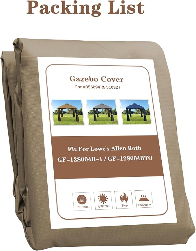 SCOCANOPY Khaki Ripstop Replacement Top for Lowe's Allen Roth 10X12 Gazebo Model #GF-12S004B-1/ GF-12S004BTO