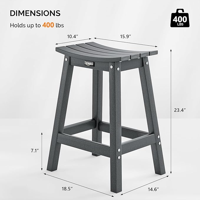 VINGLI 24 Inch Outdoor Bar Stools Set of 4, HDPE Weather Resistance Counter Height Bar Stools Durable Heavy Duty Patio Chairs for Bar Deck Balcony Kitchen Counter and Yard (Gray, 24 Inch 4 PC)