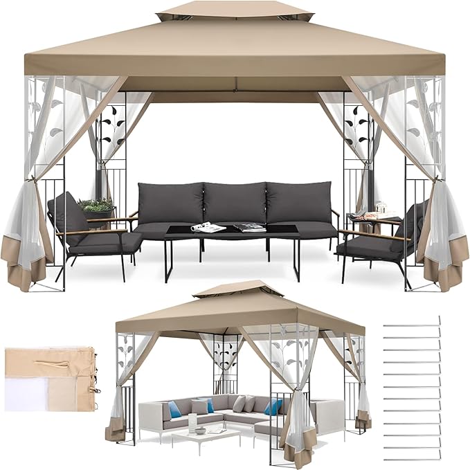 COBIZI Gazebo 10x13 Heavy Duty Gazebos with Improved Nettings Outdoor Gazebo Double Roof Patio Gazebos with Metal Steel Frame Outdoor Canopy for Patio, Deck, Backyard (Khaki)