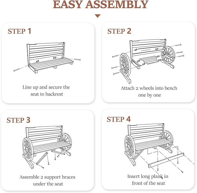 VINGLI Rustic Wooden Wheel Bench Outdoor Bench, Patio Bench Wagon Slatted Seat, Garden Benches for Outdoors 350lbs High Capacity, Weather Resistance (Rustic, 55in)