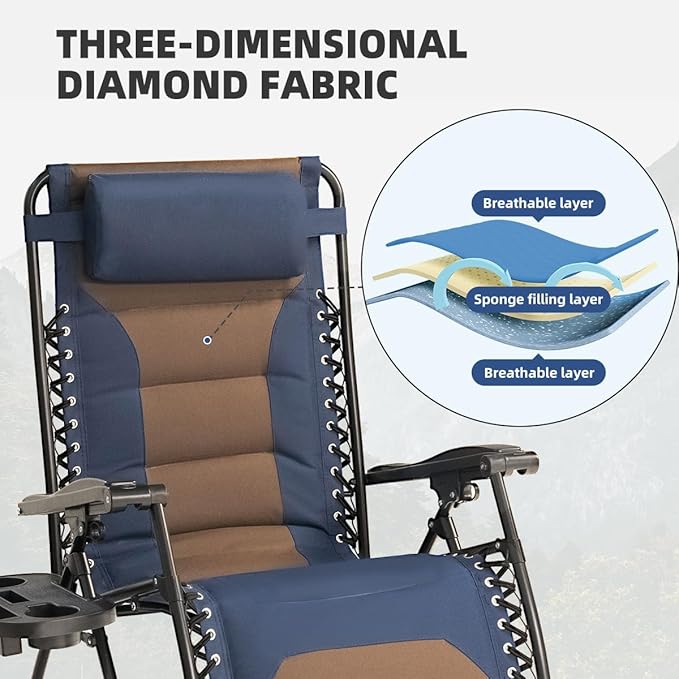 Zero Gravity Chair Set of 4 Oversized Padded Recliner with Adjustable Headrest & Cup Holder - 600D Oxford Folding Lounge Chair for Outdoor Camping, Patio, Poolside (Brown & Blue)