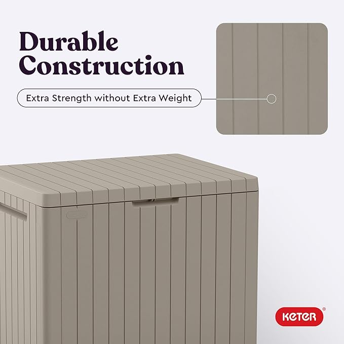 Keter City 30 Gallon Resin Outdoor Storage Box & Patio Side Table for Balcony, Pool, Deck & Garden Accessories, Weather‑Resistant, Beige
