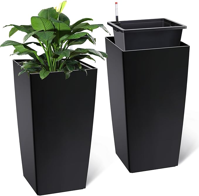 30 Inch Tall Self Watering Planters Set of 2, Outdoor Plant Pots with Automatic Watering System, Water Level Monitor, Drainage, Wheels & Inner Bucket, for Front Porch & Indoor Plants Black