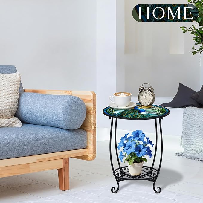 Outdoor Side Table Round Small Mosaic Patio Accent Indoor End Plant Coffee Tea Table for Yard Patio Porch Garden Living Room, Bedroom(Peacock Style,18 Inch)