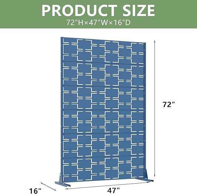 Casaphoria Metal Privacy Screen Outdoor, 72" H x 47" W Freestanding Decorative Privacy Screen for Patio Deck Balcony Garden with Stable Base, Blue-Square