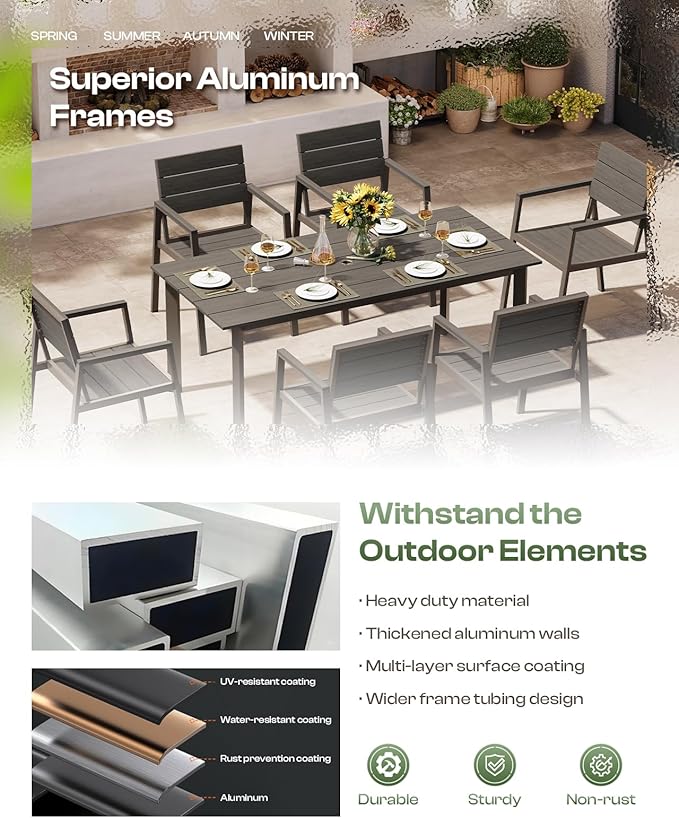 Outdoor Dining Set for 4, Aluminum Patio Table and Chairs Set with Umbrella Hole, 5 Piece HDPS Outdoor Furniture Set for Patio, Garden (Charcoal)