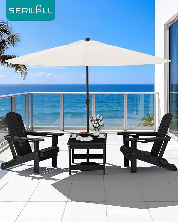 SERWALL Outdoor Coffee Table with 9FT Umbrella, HDPE Patio Coffee Table for Outside, Rectangle, Black(Not Include Umbrella Base)