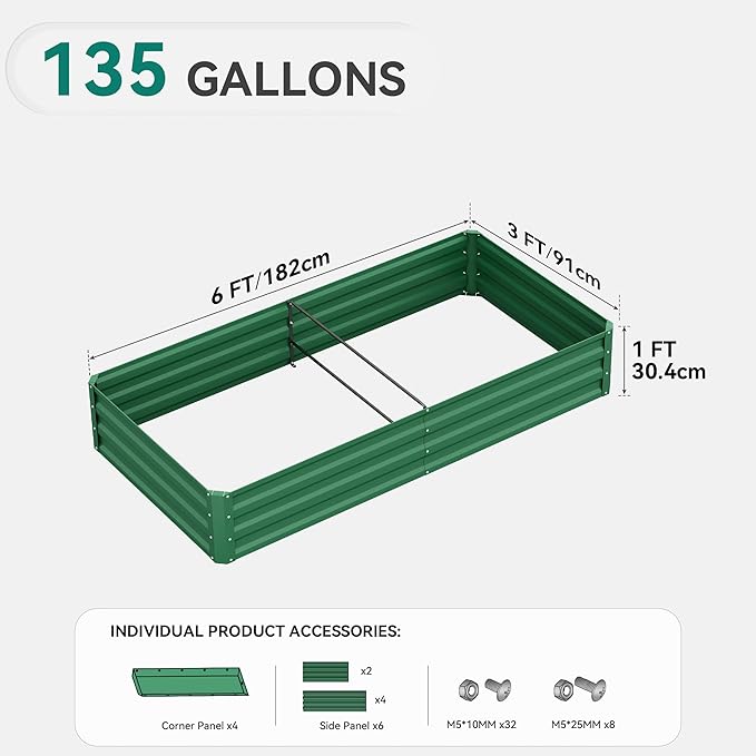 YITAHOME 72x36x12 in 2pcs Galvanized Raised Garden Bed Kit, Large Metal Planter Box with Gloves & Support Rod, Outdoor Flower Bed for Plants Vegetables, Green