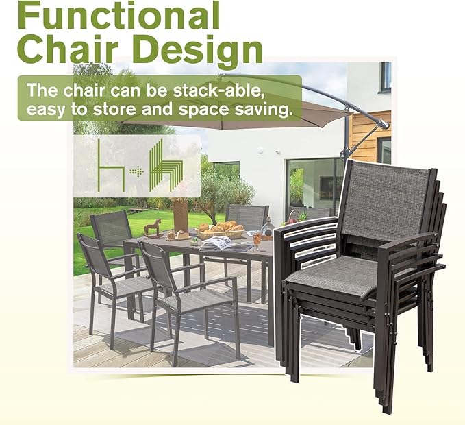 Homall Patio Dining Set 7 Pieces Outdoor Furniture with Large Table and 6 Textilene Chairs for Porch, Poolside, Yard and Garden, Light Grey