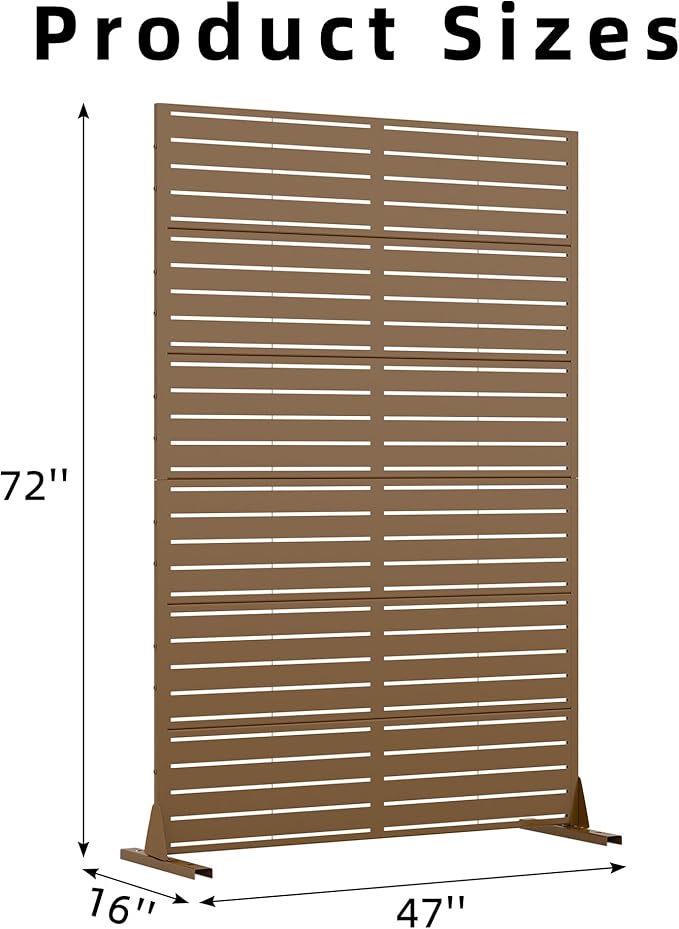 Casaphoria Metal Privacy Screen Outdoor, 72" H x 47" W Freestanding Decorative Privacy Screen for Patio Deck Balcony Garden with Stable Base, Brown-Louvered