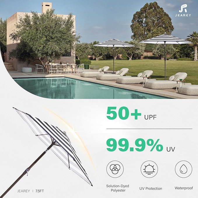 JEAREY 7.5FT Patio Umbrella Outdoor Market Umbrella with 6 Sturdy Ribs, Push Button Tilt/Crank Table Umbrella for Garden, Deck, Backyard and Pool, Black & White Stripe