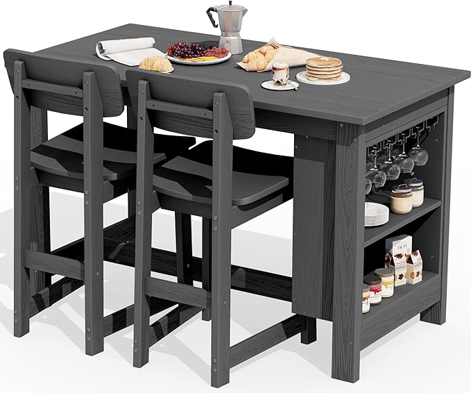 SERWALL 3-Piece Outdoor Counter Height Bar Set, HDPE Patio Bar Table with Wine Rack & Storage Shelf, 2 All-Weather Bar Stools, Patio Bar Dining Furniture Set for 3, Grey