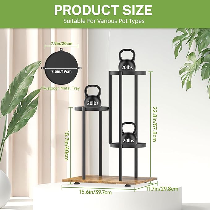 iDavosic.ly 3 Tier Plant Stand Indoor Outdoor, Tiered Corner Multiple Flower Pot Holder Shelf, Metal 23 Inch Tall Display Rack for Patio Porch Living Room Garden Balcony, Modern Black & Rustic Brown