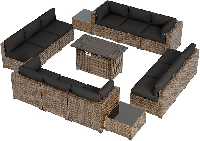 Aoxun Patio Furniture Sets, 15-Piece Outdoor Patio Furniture with 44'' Propane Gas Firepit Table, Wicker Outdoor Conversation Set Sectional Sofa for Backyard, Poolside, Garden