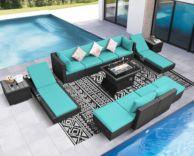 NICESOUL 13 Piece Patio Furniture Set with Fire Pit, Oversized Large Outdoor Sectional with Lounger & Fire Pit, 500 lbs High Weight Capacity Wicker Deck Seating for 10, Gray & Teal
