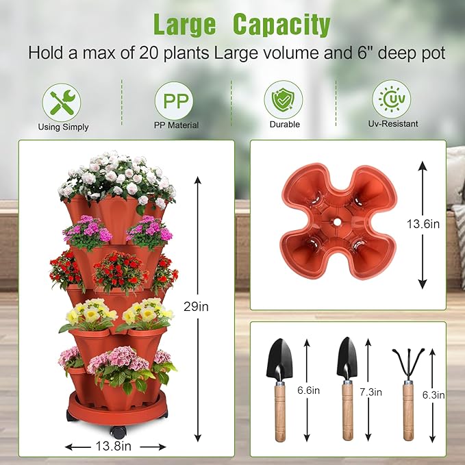 Vertical Strawberry Planter 5 Tier Stackable Tower Herb Planters Stacking Outdoor Garden Planters Pot With Tools Mover For Growing Flowers, Vegetables and Succulents