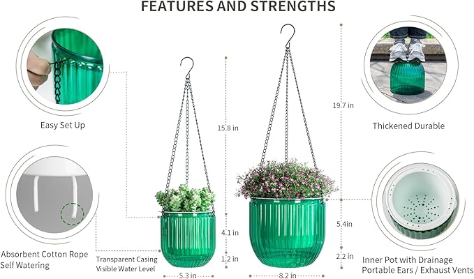 Josteve 5.2/8.2 Inch 2 Pcs Self Watering Hanging Planter Indoor Plant Pots Drainage Holes, Outdoor Small Hanging Planters Flower Pot Basket, Visible Water Level, Plant Hanger Home Decor, Gardening