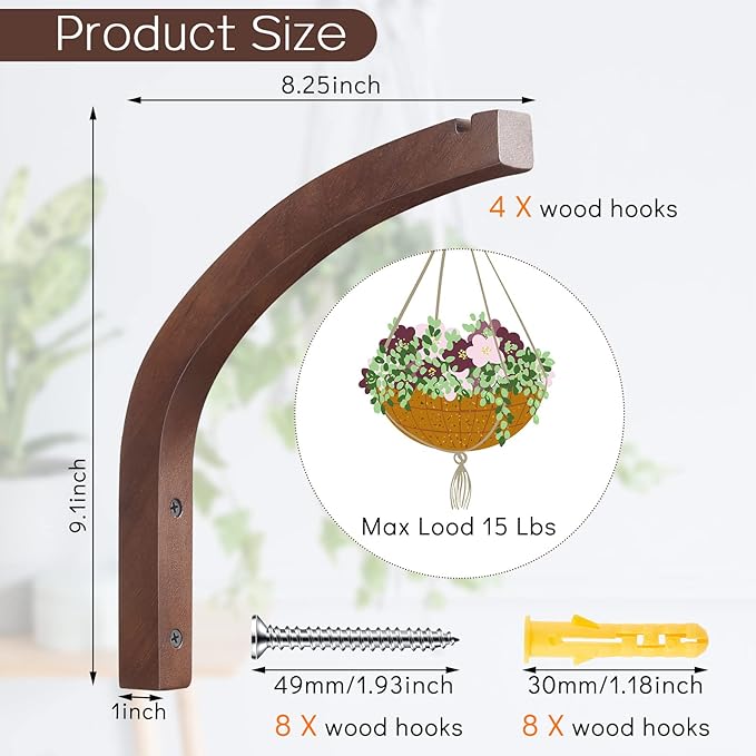 Juexica 4 Pcs Plant Hanger Wooden, 8 Inch Hanging Plant Hooks for Indoors and Outdoor, Wall Mounted Hanging Hook Brackets for Planters Lanterns Wind Chimes and Bird Feeders Patio Decor(Coffee Color)