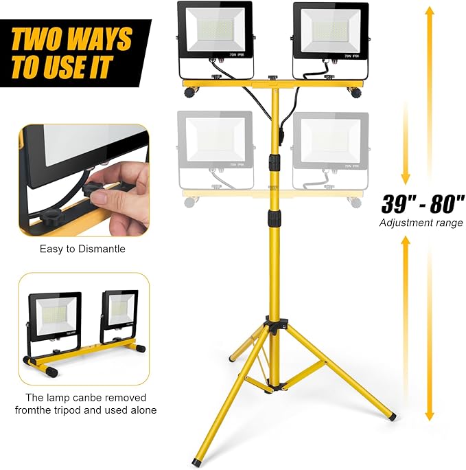 14000Lumen LED Work Lights with Stand - 2 Head Portable Work Light on Stand - IP66 Waterproof Tripod Worklights for Outdoor Indoor Job Site Workshop Garage Construction Site Lighting