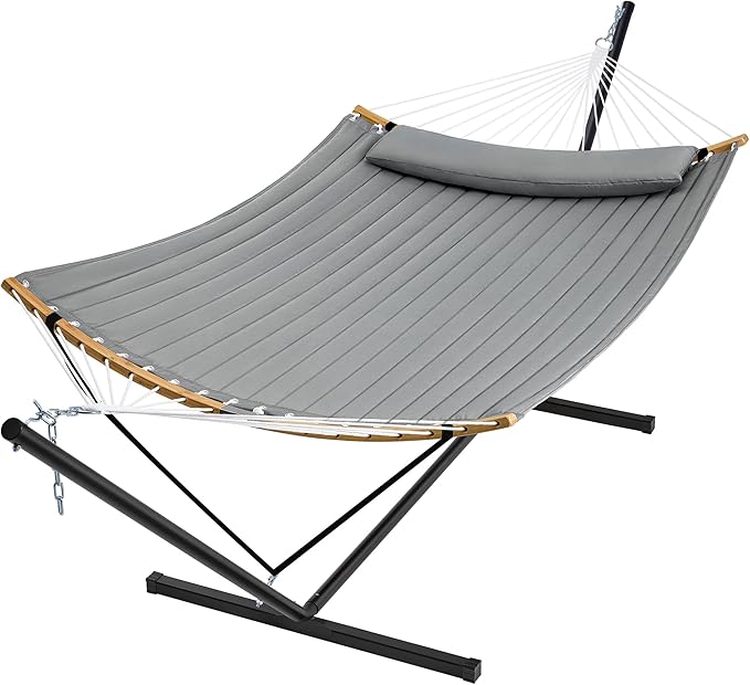 SUPERJARE Hammock with Stand, 2 Person Heavy Duty Hammock Frame, Detachable Pillow & Strong Curved-Bar & Portable Carrying Bag, Perfect for Outdoor & Indoor - Gray