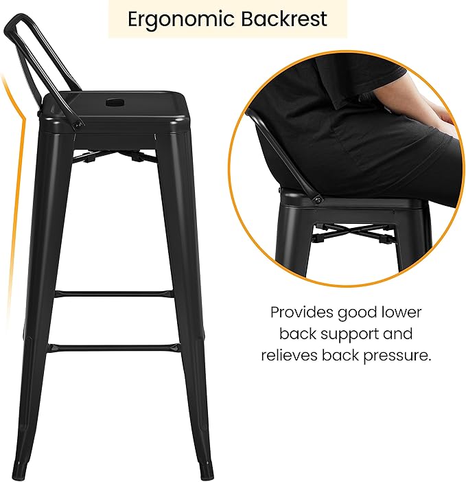 Yaheetech Bar Stools Set of 4, Metal Counter Height Chairs, 30 Inch Industrial Kitchen Stools with Backrest and Footrest for Indoor/Outdoor, Matte Black