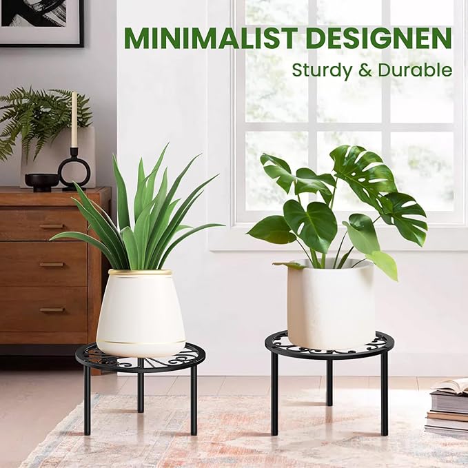 TOSKING Heavy Duty Metal Plant Stand - 9.1-inch Decorative Round Plant Stand, Adjustable Leveling Feet & Rust-Resistant Finish for Indoor/Outdoor Use