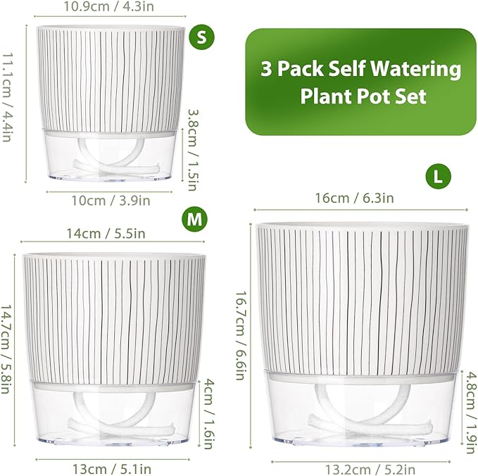 3 Pack Self Watering Pots for Indoor Plants, 4+5.5+6.3 Inch Self Watering Plant Pots, Flower Pots with Wick Rope and Reservoir - Black Stripes