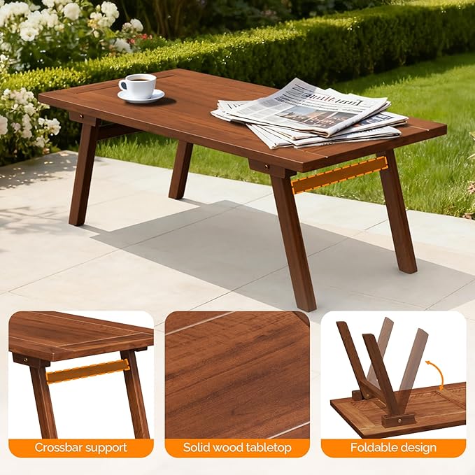 VINGLI Outdoor Folding Coffee Table, Natural Poplar Wood Patio Coffee Table, No Assembly Required, Ideal for Balcony, Porch, and Living Room, Rectangle, Natural