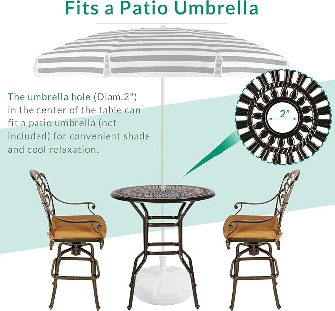 VIVIJASON 3-Piece Patio Swivel Bar Stools Set, All Weather Cast Aluminum Outdoor Bar Height Bistro Set with 2 Cushioned Bar Chairs & 35.4" High Bar Table w/Umbrella Hole for Backyard, Lawn, Garden