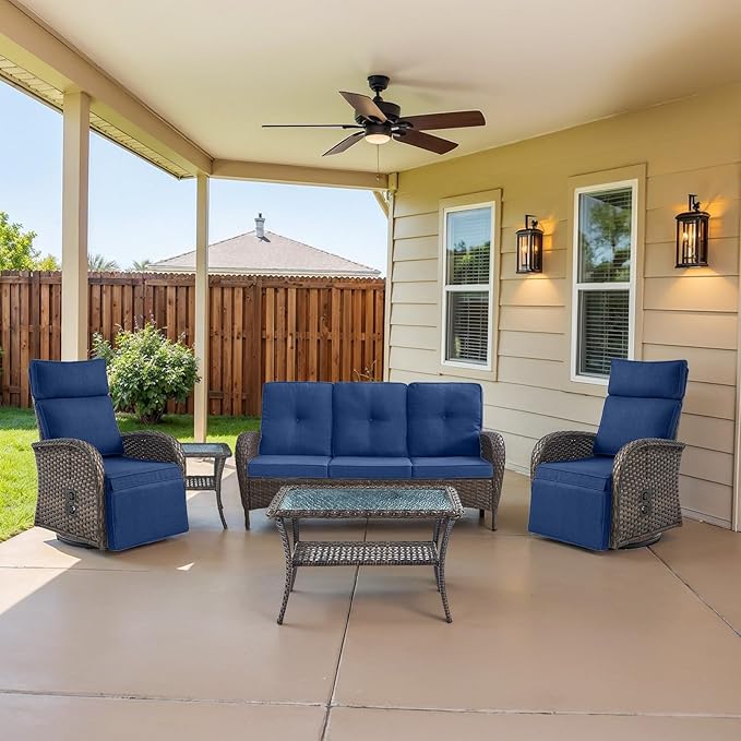 Belord Dual-Adjust Swivel Outdoor Recliner Chair Set of 3 - Reclining Patio Chair with Adjustable Backrest and Footrest, All-Weather Wicker Chaise Lounge Outdoor with Side Table for Pool Deck Brown