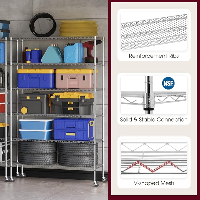 BestOffice NSF Wire Shelving Unit 6Shelf Large Storage Shelves Heavy Duty Metal Wire Rack Shelving Height Adjustable Commercial Grade Utility Steel Storage Rack Casters 6000LB Capacity-18x48x77,Chrome