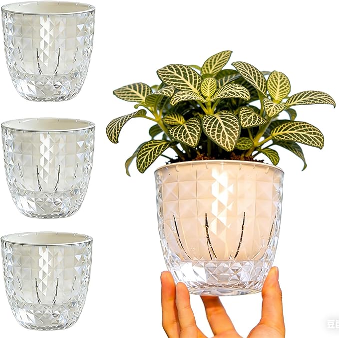 4 Pack 4 inch Self Watering Pots Planters for Indoor Plants, African Violets Pots with Wick Rope, Modern Plastic Nursery Pots for All House Plants,Flowers Succulents,Herbs,Cactus,Orchids