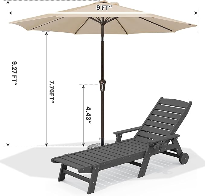 SERWALL Patio Chaise Lounge Chair Set of 2 with 9FT Patio Umbrella, 78'' HDPE Outdoor Lounger, Poly Lounge Chair with Rolling Wheels & Cup Holder for Pool,Slate Gray (Umbreall Base not Included)