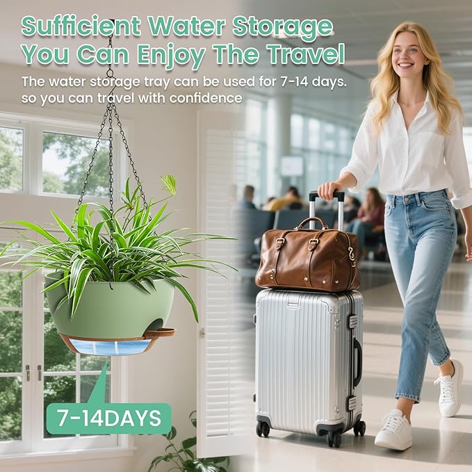 Set of 3-10 Inch Self Watering Hanging Planters for Indoor & Outdoor，Hanging Plant Pots with Drainage & Removable Tray, Hanging Pots Holder for Ivy, Ferns, Balcony & Patio, Green and Brown