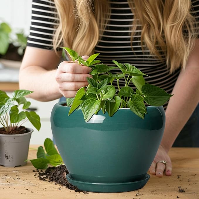 8 Inch Plant Pot - Ceramic Planter for Indoor Outdoor Plants, Glaze Modern Round Ceramic Flower Pot with Drainage Hole and Saucer, Gifts for Plant Lover, Home Office Patio Decor, Green