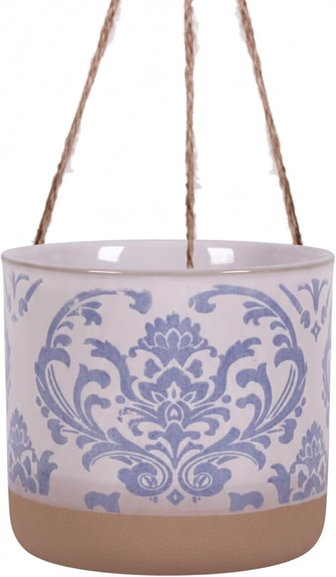 Blue Sky Clayworks 5" Hanging Chantel Blue Planter, Ceramic, 6" x 6" x 5", Soft Blue Damask & Clay Foot