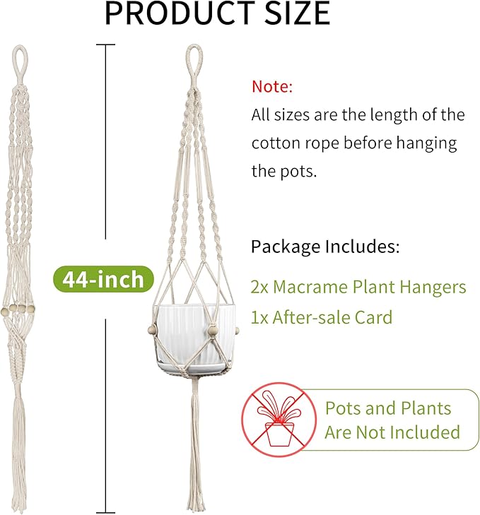 Macrame Plant Hanger - Fits 4 to 12 inches Pots for Indoor Outdoor, 44 Inch, 2 Pack, Ivory (POTS NOT Included)